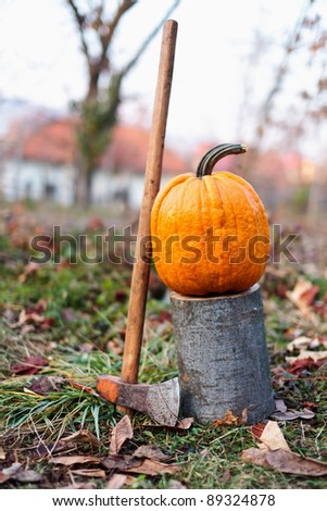 A large pumpkin on a log outdoor in the grass