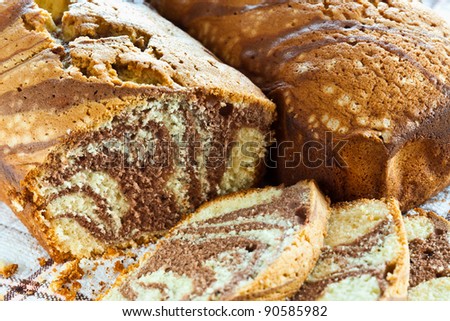Closeup of a marble cake with vanilla and cocoa