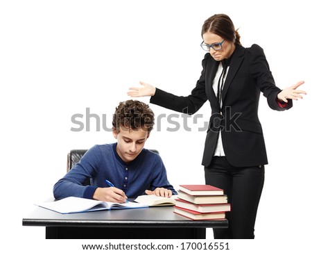 Studio shot of teacher being confused at what the student is writing in the notebook, isolated over white background
