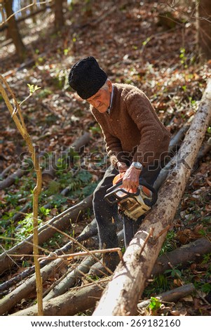 Senior caucasian man woodcutter cutting down trees with chainsaw