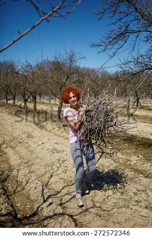 Caucasian woman spring cleaning the orchard, carrying cut branches to throw them away