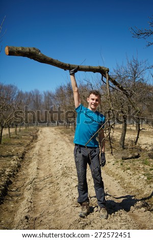 Powerful teenager raising a cut tree trunk with one arm in an orchard on springtime