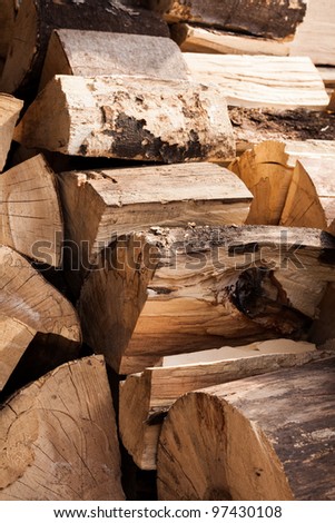 Stack of wood split and chopped for construction, heating or fuel