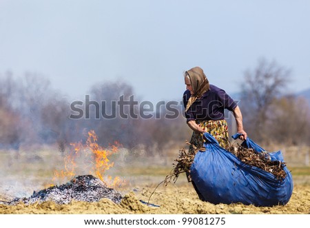 Old rural woman burning fallen leaves, spring cleaning in the garden