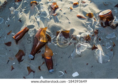 Broken glass bottles left in the sand.
