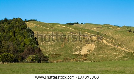 Good example of land erosion on New Zealand farmland hills. Note te bush that was left.