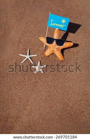 starfish family with eye glasses on the beach. Summer concept with copy space.