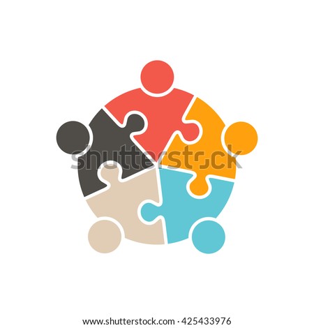 Teamwork People five puzzle pieces. Vector graphic design illustration