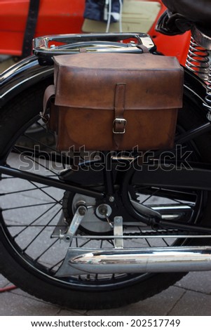 SLOVAKIA, RUZOMBEROK - DECEMBER 14 2012: A leather motorbike luggage during motorbike exhibition