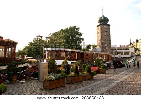 CZECH REPUBLIC, PRAGUE - JULY 18 2012: Fancy restaurant near the river in Prague