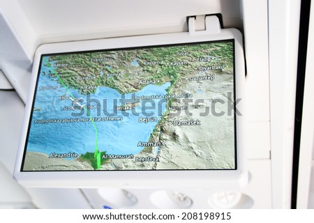 HURGHADA, EGYPT - JULY 27, 2011: New airplane  screens with map