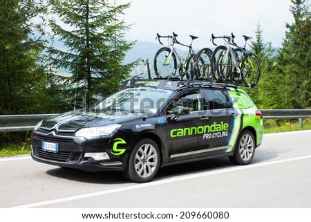 HUTY, SLOVAKIA - AUGUST 07, 2014: Cannondale professional cycling team car