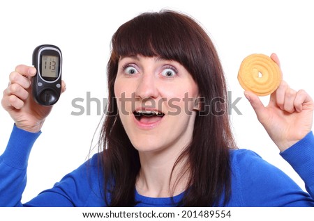 Woman with glucose meter and cake, woman surprised by result of measurement of sugar, measuring sugar level. Isolated on white background