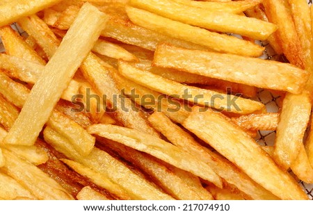 Heap of french fries fried in oil, deep fried, unhealthy and caloric food