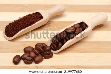 Coffee beans and ground coffee on wooden spoon, coffee grains on wooden background