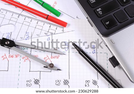 Electrical diagrams, accessories for drawing and laptop, drawings and accessories for the projects engineer jobs