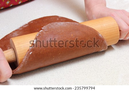 Hands of woman with rolling pin kneading dough for Christmas cookies