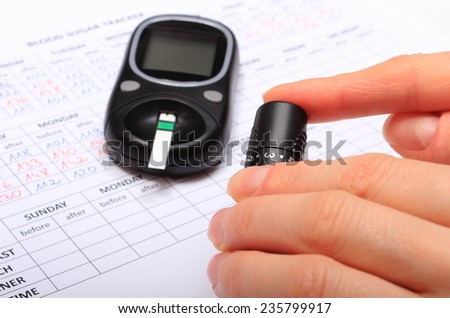Woman doing test for determination level sugar, medical form with results of measurement of sugar, concept for diabetes
