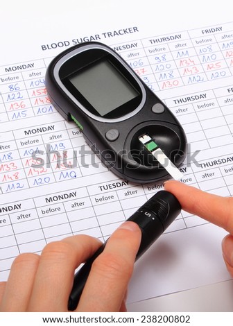 Woman doing test for determination level sugar, medical form with results of measurement of sugar, concept for diabetes