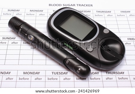 Glucose meter and lancet device lying on empty medical forms for measurement sugar in blood, concept for healthy lifestyle and diabetes
