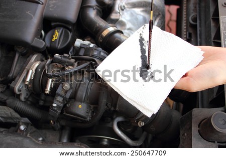 Auto mechanic checks the oil level in a car engine