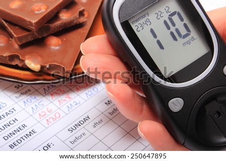 Hand of woman with glucose meter and portion of chocolate on medical form with results of measurement of sugar, concept of measuring sugar level