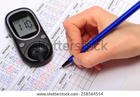 Hand of woman writing data from glucometer to medical form, result of measurement sugar, concept for measuring sugar level