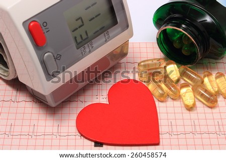Instrument for measuring blood pressure, red heart shape and tablets on electrocardiogram graph, ekg heart rhythm, medicine concept