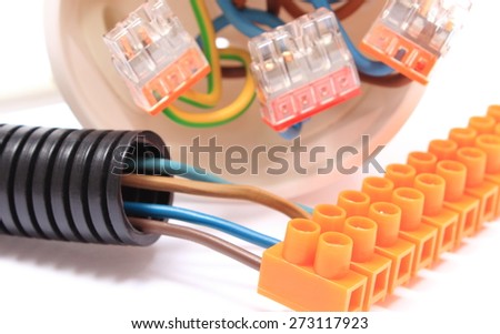 Corrugated plastic pipe, copper wire connections in electrical box and components for use in electrical installations, accessories for engineering jobs, energy concept