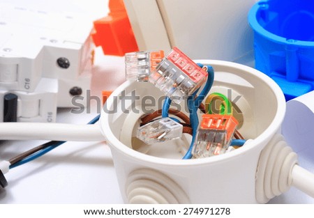 Components for use in installations, copper wire connections in electrical box, accessories for engineering work, energy concept