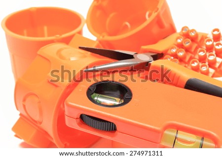 Electrical boxes and components for use in electrical installations, accessories for engineering jobs, spirit level, pliers, connector
