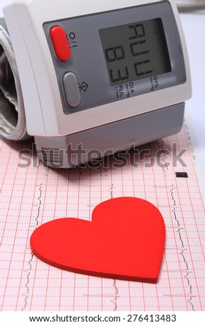 Instrument for measuring blood pressure and red heart shape on electrocardiogram graph, ekg heart rhythm, medicine concept