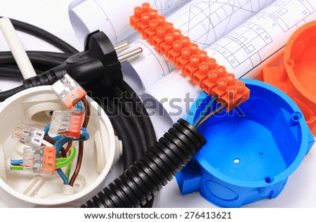 Components for use in electrical installations and rolls of electrical diagrams, copper wire connections in electrical box, energy concept