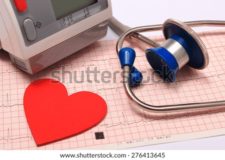 Medical stethoscope, instrument for measuring blood pressure and red heart shape on electrocardiogram graph, ekg heart rhythm, medicine concept