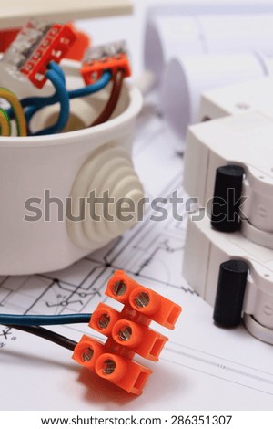 Components for use in installations and electrical diagrams, copper wire connections in electrical box, accessories for engineering work, energy concept