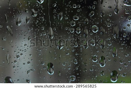 Drops of rain on glass surface, rain drop dripping down