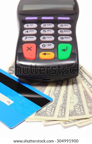 Payment terminal with credit card and money on white background, credit card reader, payment terminal with cash, finance concept