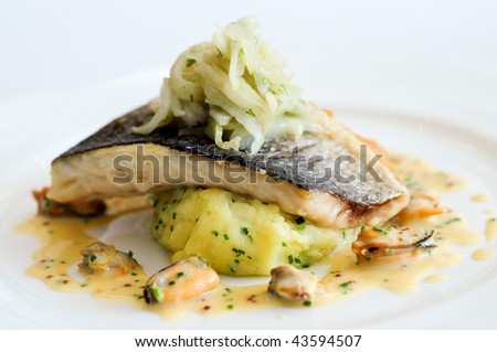 Pan-fried wild sea bass with fennel and herbs