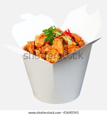 Spicy chicken noodles with fresh chili and spring onion in take away box