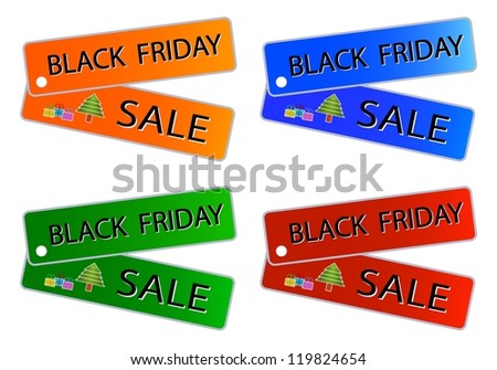 Glossy Sticker in Blue, Red, Green and Orange Colors with Black Friday Sale Wording, Sign for Start Christmas Shopping Season.