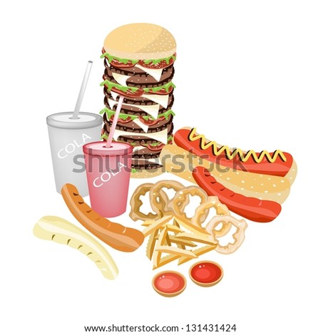 Fast Food, An Illustration of Various Flavours Soft Drink and Soda with Delicious Hot Dog, Hamburger, French Fries and Onion Ring