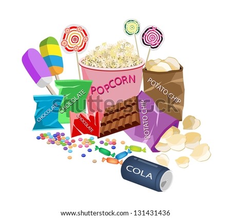 Movie Food, An Illustration of Popcorn, Popsicles, Lollipops, Chocolate Bar, Chocolates Candies, Hard Candies and Potato Chips Prepared to Watching A Cinema