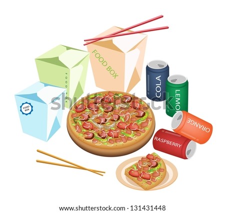 Take Away Restaurants, An Illustration of Take Out Food, Chinese Food Boxs, Pizzas and Soda Drinks Isolated on White Background