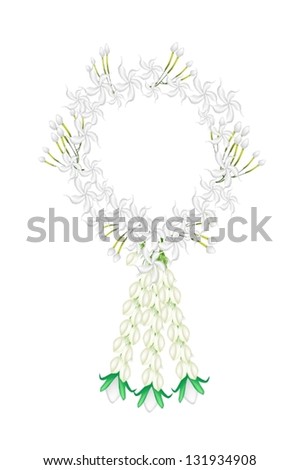 A Symbol of Love and Luxury, An Illustration of Beautiful Flower Garland with White Common Gardenias or Cape Jasmine Flowers and White Roses Blossoms, The Garland in Thai Tradition Style