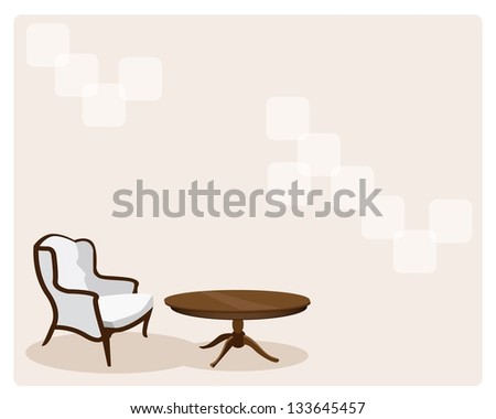 Home Interior, Elegant Template of Vintage Deco Leather Chair and Wooden Table on Brown Background with Copy Space for Text Decorated