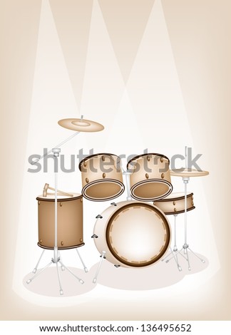 Music Instrument, An Illustration of A Set of Retro Style Jazz Drum Kit on Beautiful Vintage Brown Stage Background with Copy Space for Text