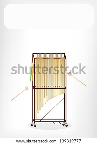 Music Instrument, Illustration of Two Golden Tubular Bells and Beater with White Label for Copy Space and Text Decorated