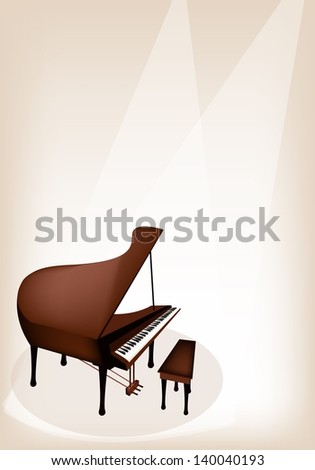 Music Instrument, An Illustration Brown Color of Vintage Grand Piano on Brown Stage Background with Copy Space for Text Decorated