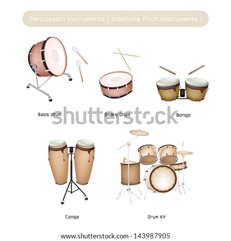 Illustration Brown Color Collection of Vintage Musical Percussion Instruments, Bongo, Conga, Bass Drum, Snare Drum and Drum Kit Isolated on White Background