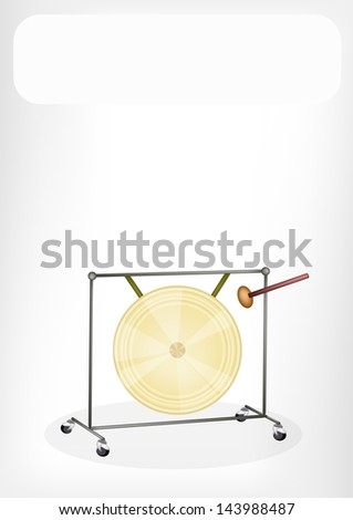 Music Instrument, An Illustration of Musical Metal Gong and Beater with White Label for Copy Space and Text Decorated